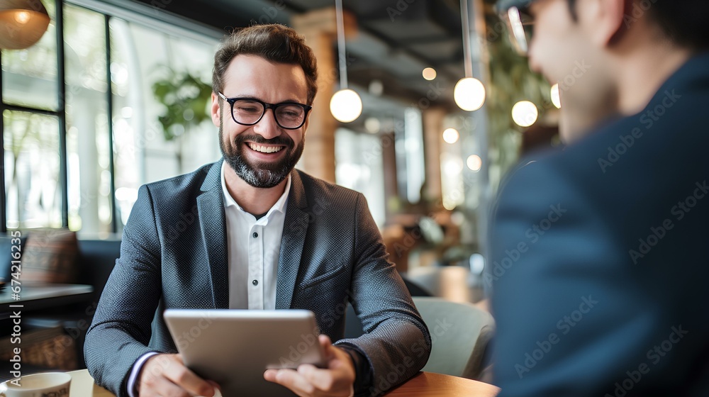 Smiling young male financial advisor holding digital tablet consults with client. generative AI Smiling young male financial advisor holding digital tablet consults with client. generative AI