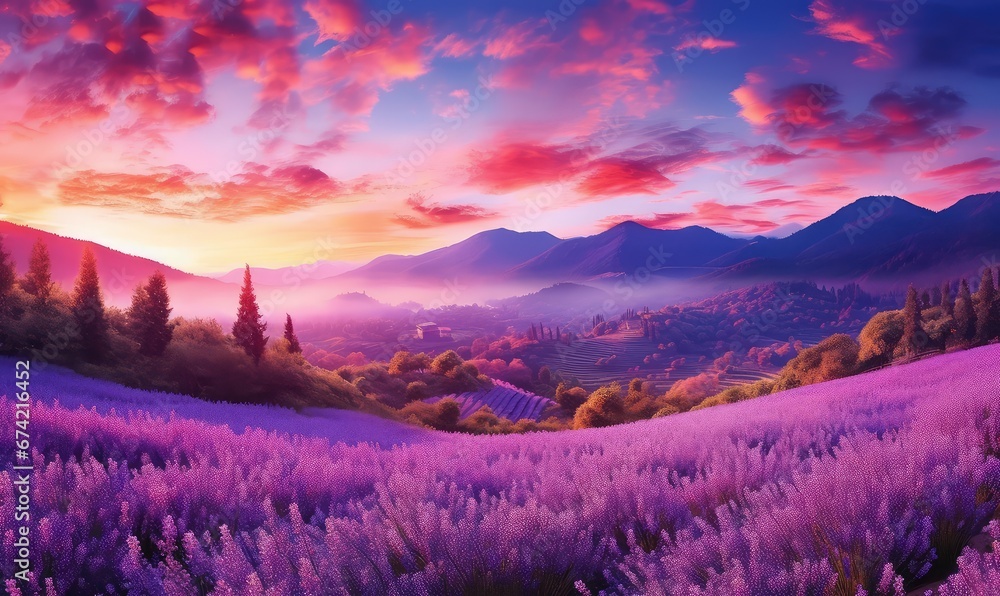 panorama composition with colorful colors,  dawn of hope,  under the beautiful vast sky, bright spring and fragrant flowers