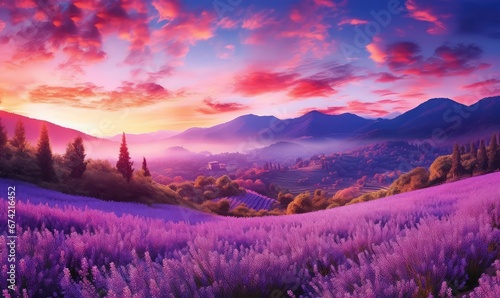panorama composition with colorful colors, dawn of hope, under the beautiful vast sky, bright spring and fragrant flowers