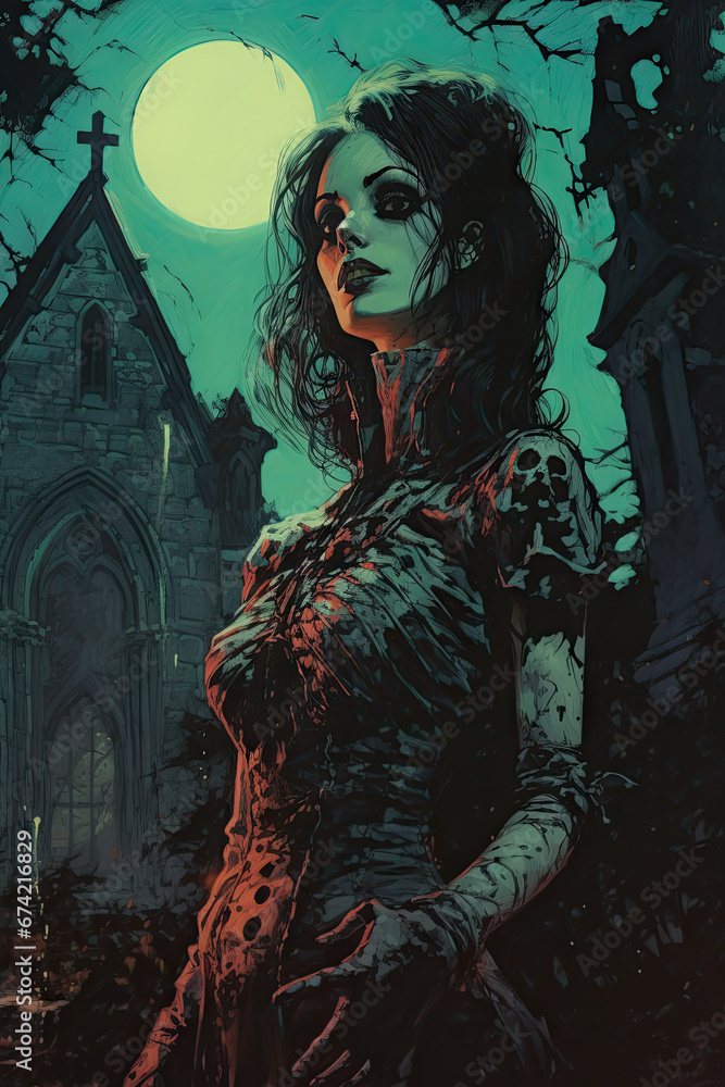 Moonlit Female Necromancer in Graveyard, Dark Medieval Fantasy, Old School  RPG Illustration