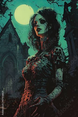 Moonlit Female Necromancer in Graveyard, Dark Medieval Fantasy, Old School RPG Illustration