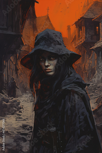 Cursed Village Witch's Closeup, Dark Medieval Fantasy, Old School RPG Illustration