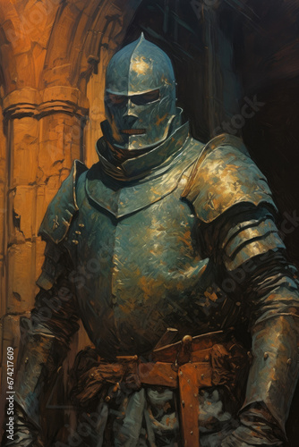 Knight in Haunted Armor , Dark Medieval Fantasy,Old School RPG Illustration