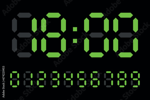 Digital LED Clock numbers electronic figures vector on black background.