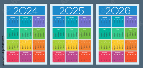 Colorful calendar for 2024, 2025 and 2026 years. Week starts on Sunday. Vertical calendar design template. Basic grid. Isolated vector illustration.