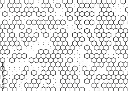 Hexagonal background with white space. Cells with hollow border in gray scale and shadows.