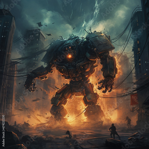 war robot destroying the city, Generate AI