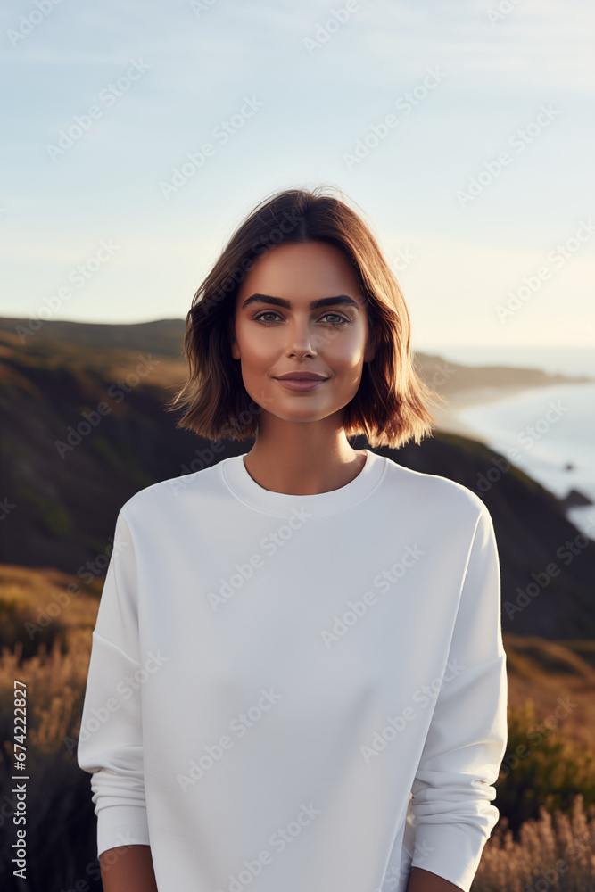 Young woman girl white crewneck sweatshirt mockup Young woman girl white crewneck sweatshirt mockup
