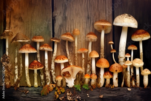 Set of mushrooms, postcard design. Generative AI