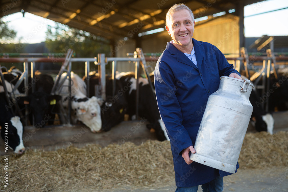 Portrait of positive middle-aged caucasian man dairy farm worker carrying metal milk can in cowshed.