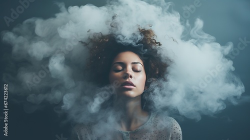 A young woman surrounded by a misty cloud representing depression, addiction, loneliness, and poor mental health, generative ai photo