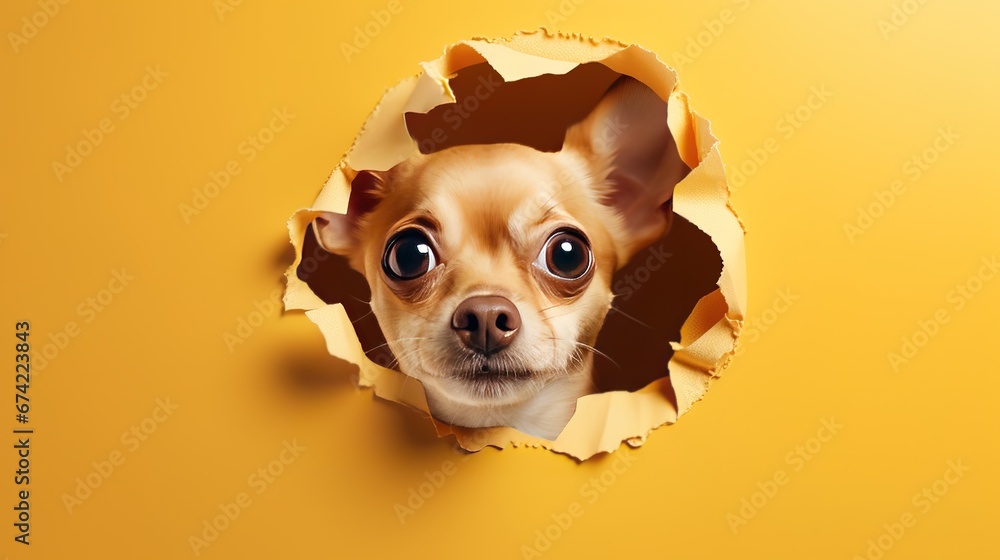 Cute Puppy peeking out of a hole in wall, torn hole, mockup, generative ai - obrazy, fototapety, plakaty 