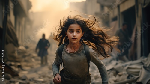 Innocent Civilians Fleeing Missile Attack in City. Kids and Families Escaping Surprise Military Operation with Fear and Terror, generative ai photo