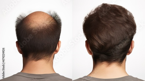 Balding Man Before and After Hair Transplant Surgery. Man Losing Hair Becomes Shaggy. Advertisement Poster for Hair Transplant Clinic. Treating Baldness.