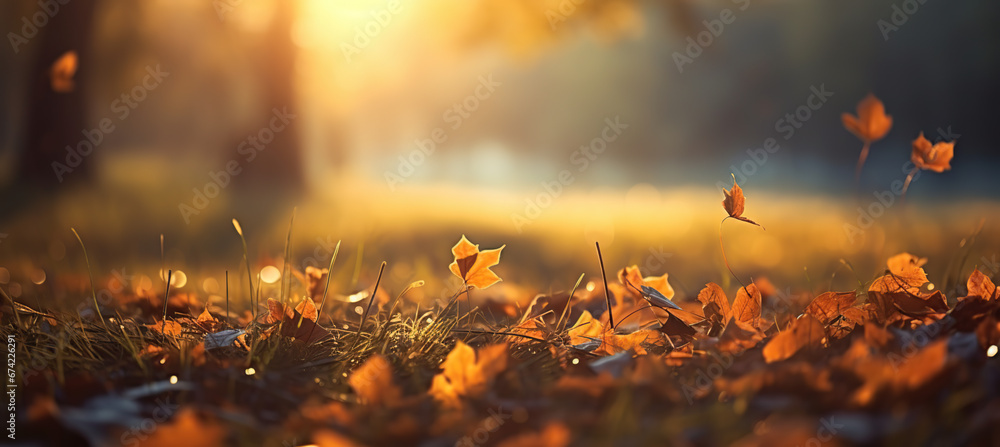 Beautiful orange and golden autumn leaves against a blurry park in sunlight with beautiful bokeh. Natural autumn background.