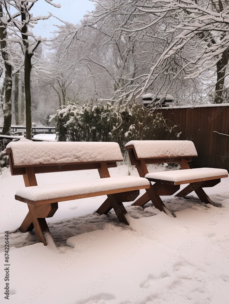 Two wooden benches covered in snow in a park. Winter landscape. Selected focus