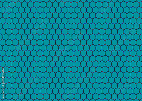Image with hexagonal green background. Cell border with rounded wire frame shapes of shaded color. Green cell interior with soft blue border.
