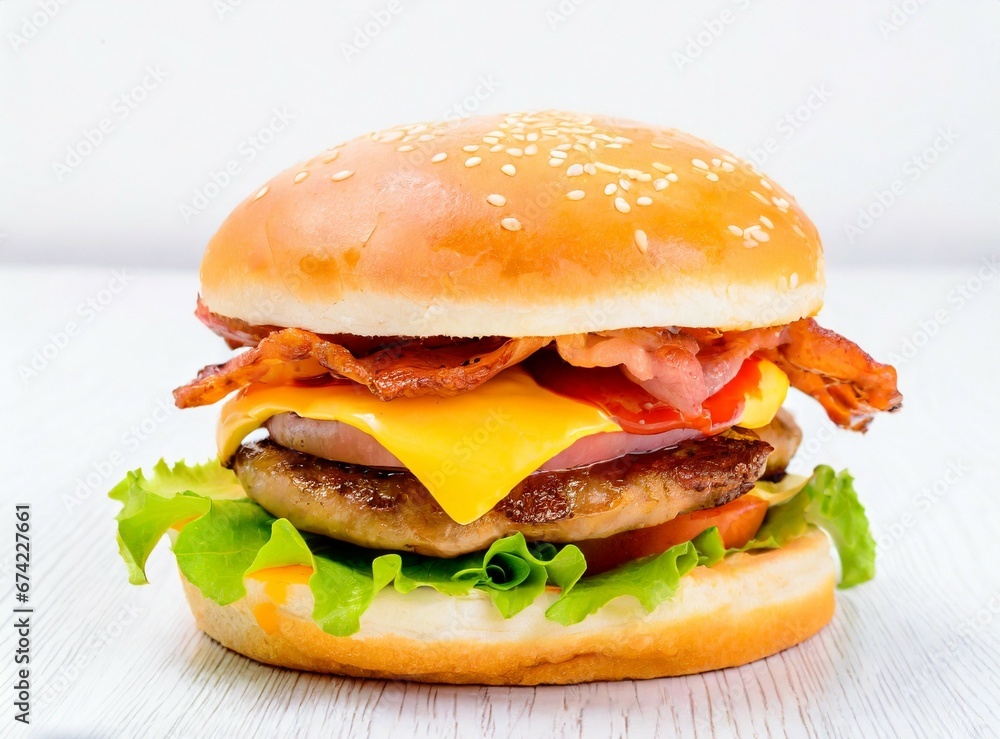 American Fast-Food, Bacon Burger Isolated On White Background