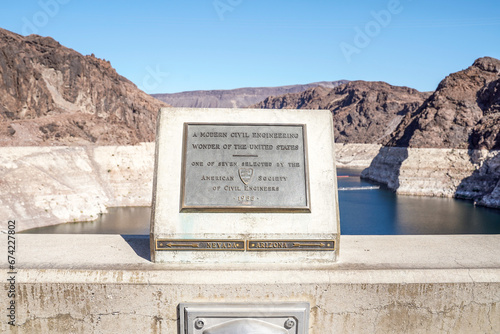 Clark County, Nevada, USA, October 19, 2023. Signage that shows the Nevada and Arizona state lines. Located at Hoover Dam.