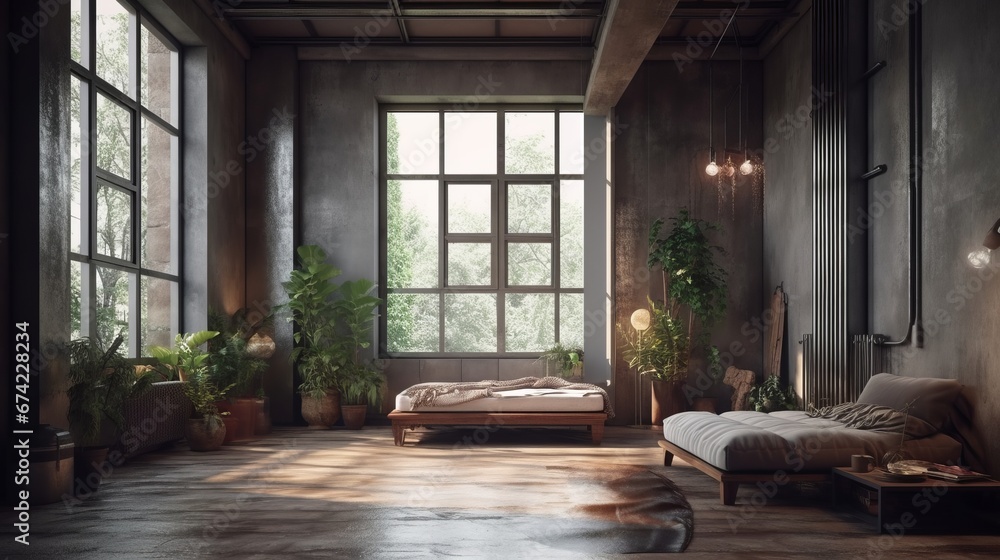 Living room interior in loft, industrial style with plants, 3d render. Decor concept. Real estate concept. Art concept. Living room interior in loft, industrial style with plants, 3d render. Decor concept. Real estate concept. Art concept.