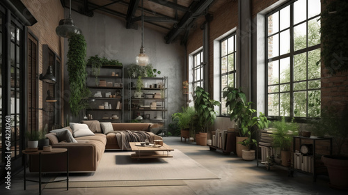 Living room interior in loft, industrial style with plants, 3d render. Decor concept. Real estate concept. Art concept. © IC Production
