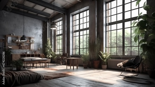 Living room interior in loft  industrial style with plants  3d render. Decor concept. Real estate concept. Art concept.