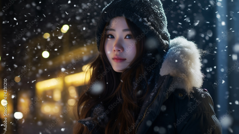 Naklejka premium An editorial photo of a woman in her 20s, standing in the snow