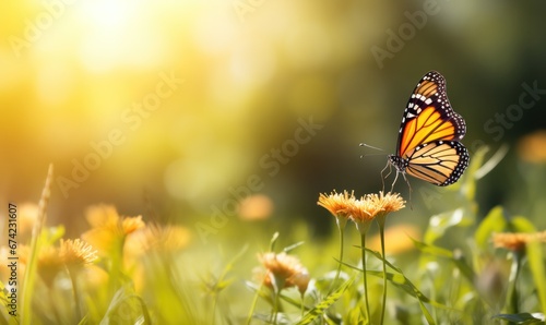 Butterfly on yellow flower with sun light, nature background. with free space for text. 