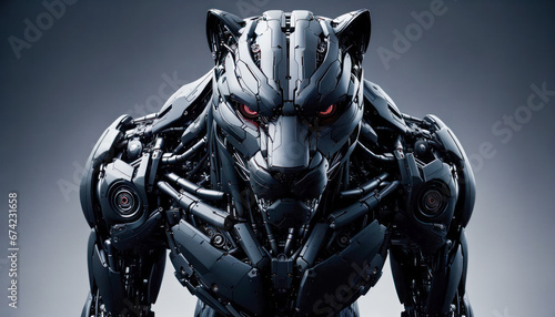 Close-Up of Intimidating Robotic Panther with Fierce Red Eyes, Embodiment of Advanced Robotics and AI Power