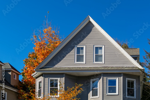 Single family home facade, autumn day, Brighton, Massachusetts, USA