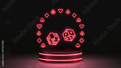 3d podium with neon frame of suits of cards for poker diamonds, crosses, hearts and spades with dice for casino games in red.