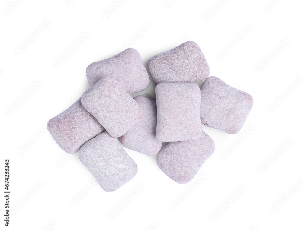 Tasty colorful bubble gums isolated on white, top view Tasty colorful bubble gums isolated on white, top view