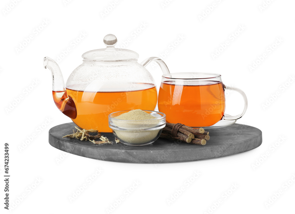 Aromatic licorice tea, dried sticks of licorice root and powder on white background Aromatic licorice tea, dried sticks of licorice root and powder on white background