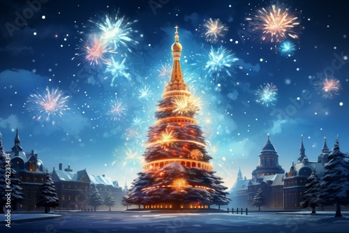 Christmas tree in fantasy style. Merry Christmas and Happy New Year concept. Background with copy space