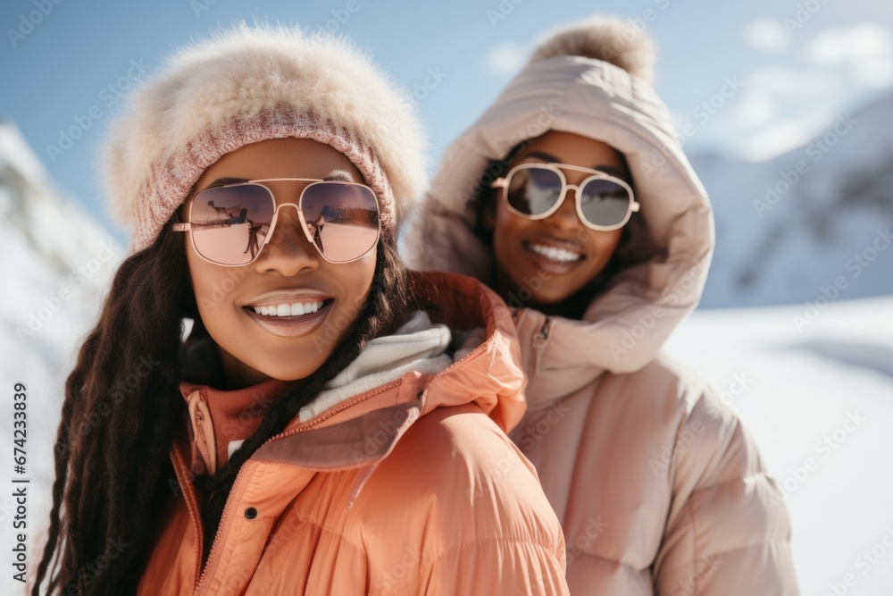 Woman with friend on winter holidays in the mountains. Merry Christmas and Happy New Year concept. Portrait Woman with friend on winter holidays in the mountains. Merry Christmas and Happy New Year concept. Portrait