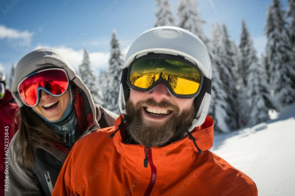 A man with friends on winter holidays in the mountains. Merry Christmas and Happy New Year concept. Portrait