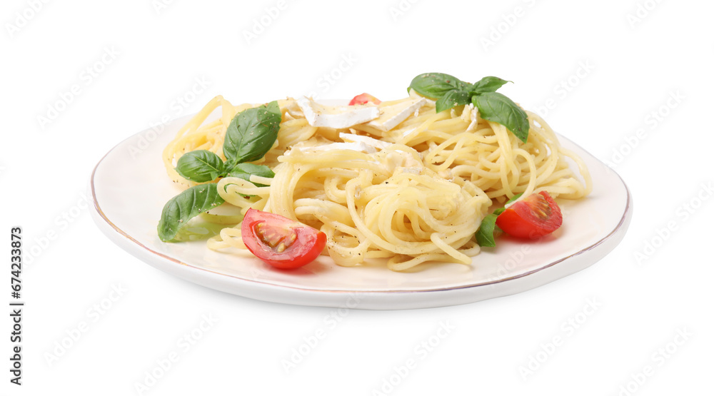 Delicious pasta with brie cheese, tomatoes and basil leaves on white background Delicious pasta with brie cheese, tomatoes and basil leaves on white background