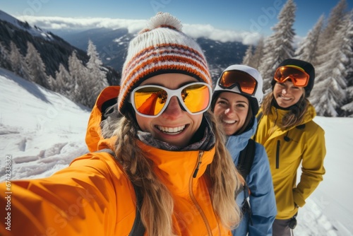 Woman with friends on winter holidays in the mountains. Merry Christmas and Happy New Year concept. Portrait