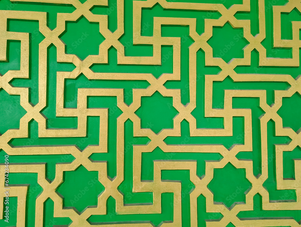 Green and yellow Islamic background with traditional style arabic. Seamless pattern for card, background, fabric or abstract design. Muslim ornament. Green and yellow Islamic background with traditional style arabic. Seamless pattern for card, background, fabric or abstract design. Muslim ornament.