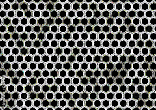 Image with hexagonal black background. Double abstract cell border with color dots and shapes and irregular hollow shapes. Black interior on pattern of hexagons sewn by shapes.