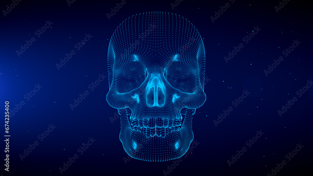 Blue Shine Front View 3d Human Skull Wireframe Hologram With Light Flare Glitter Particles Blue Shine Front View 3d Human Skull Wireframe Hologram With Light Flare Glitter Particles