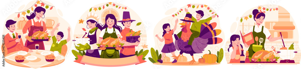 Illustration Set of Happy Thanksgiving Day With People Cooking and Serving Dishes and a Turkey for the Thanksgiving Holiday Party or Dinner