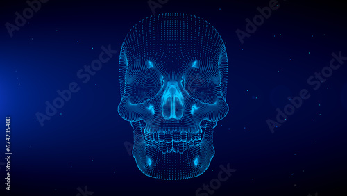 Blue Shine Front View 3d Human Skull Wireframe Hologram With Light Flare Glitter Particles