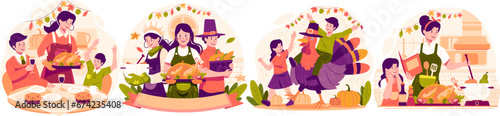 Illustration Set of Happy Thanksgiving Day With People Cooking and Serving Dishes and a Turkey for the Thanksgiving Holiday Party or Dinner © agny_illustration