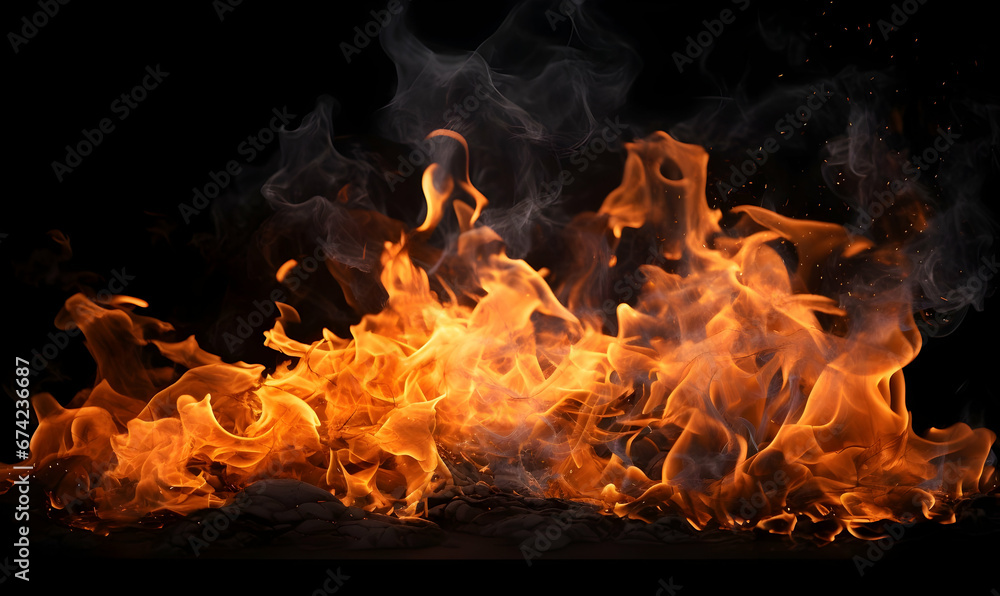 Ai generated texture of fire on a black background, fire flame, burning fire on a dark area, fire background, fire frame, fire flames background