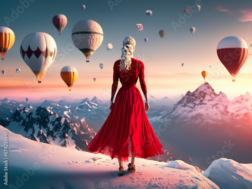 donna con abito rosso in cima ad una montagna innevata con mongolfiere sullo sfondo 