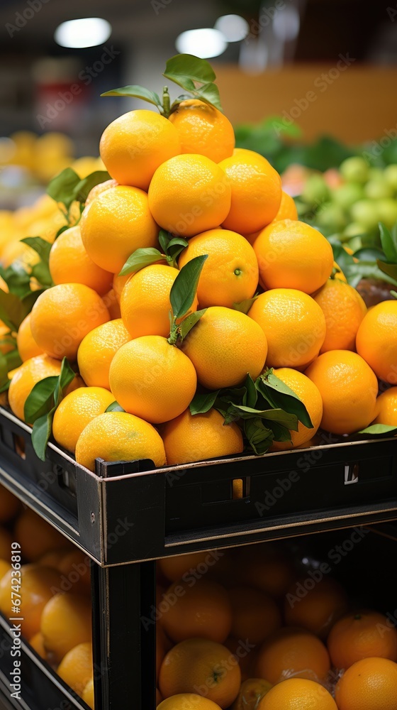 Vibrant Citrus Delights: Captivating Close-Up of Fresh Oranges in a Supermarket