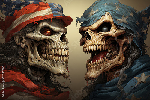 two skulls confront each other, resembling the partisan conflict and political polarization of American Democratic and Republican parties. photo