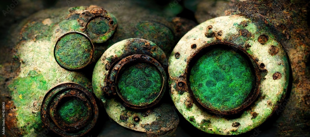 Abstract grunge texture of emerald green oxidized copper metal round discs, circles within circles.   - obrazy, fototapety, plakaty 