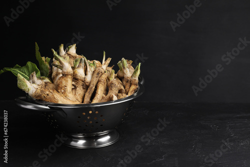 Fresh horseradish roots in colander on black textured table. Space for text